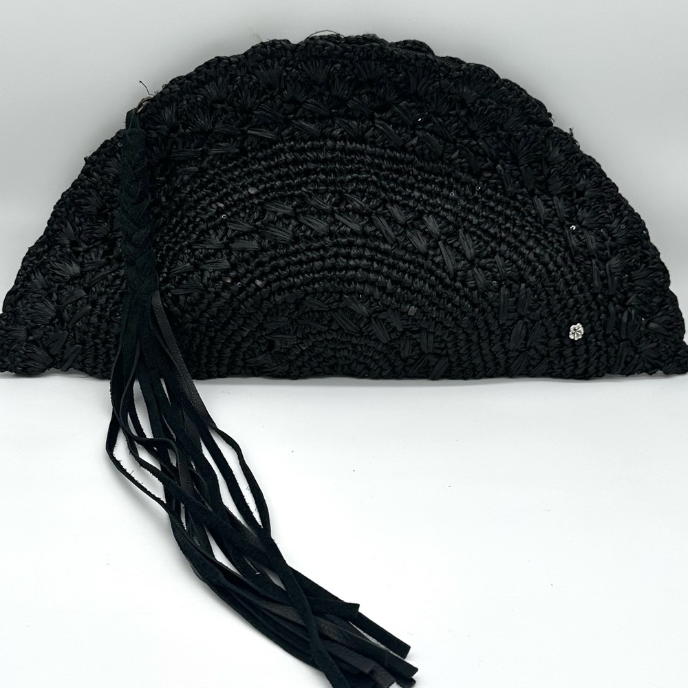 Flora Bella Rafia Sequin Black  Fan Clutch Leather Tassel